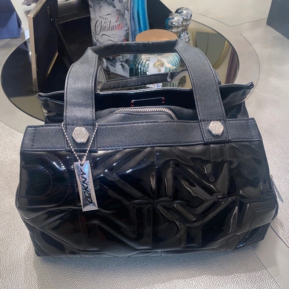 DKNY Black Patent Leather Logo Small Satchel Shoulder Bag - Picture 1 of 9